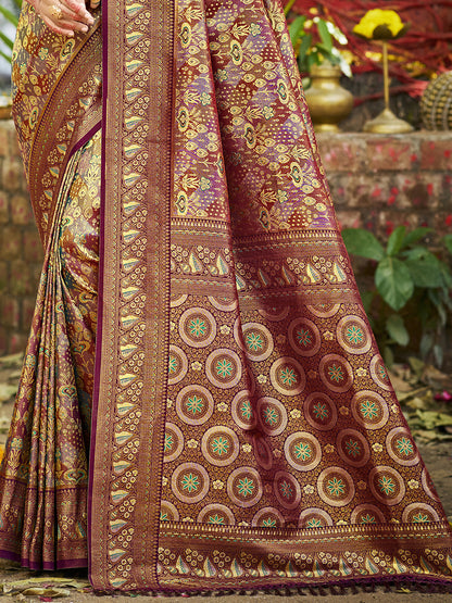 Sangam Prints Wine Silk Woven Work Traditional Saree - Distacart
