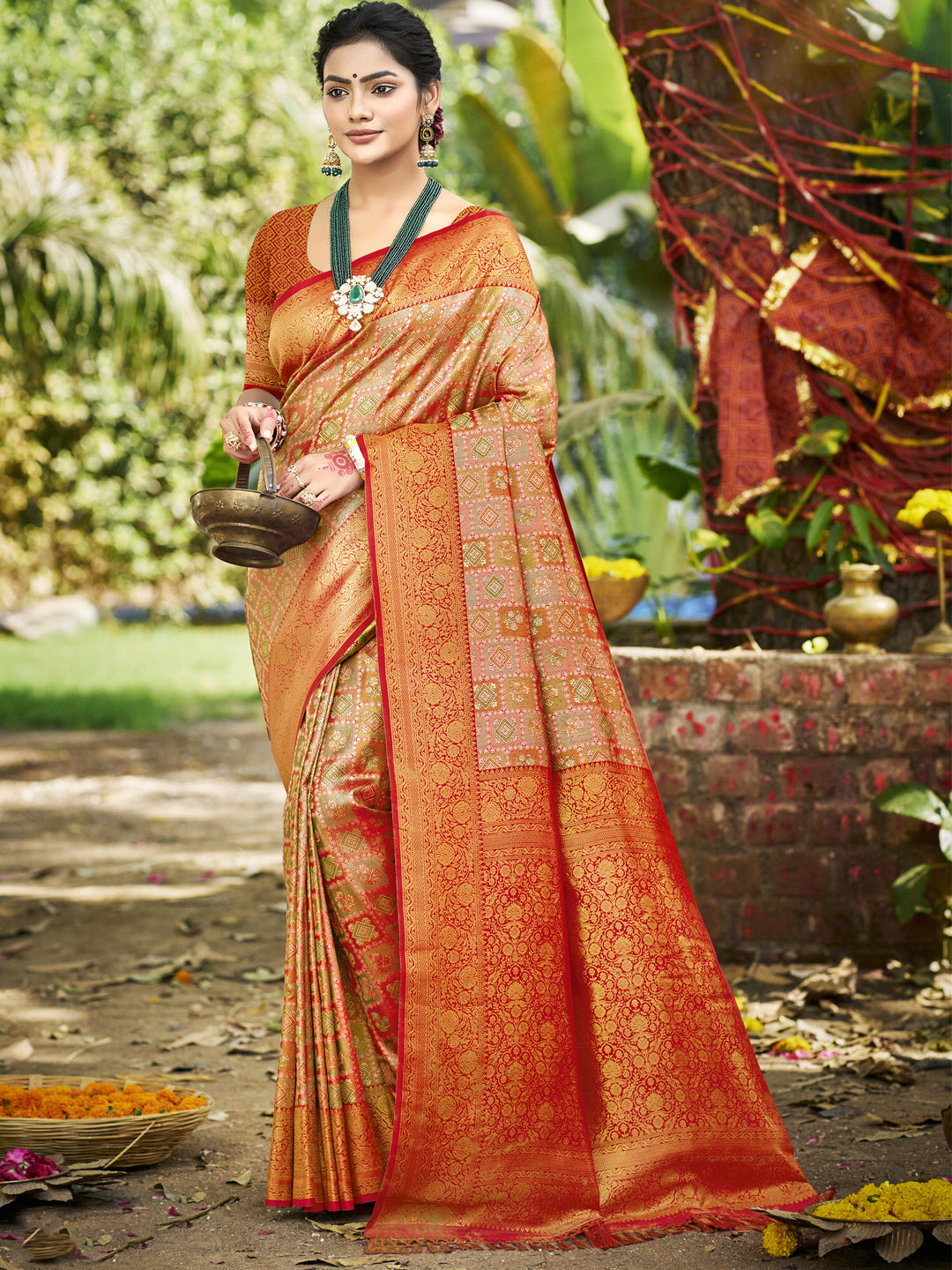 Sangam Prints Orange Silk Woven Work Traditional Saree - Distacart