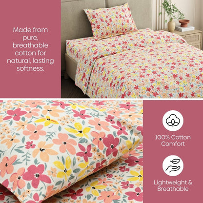 Haus & Kinder Sunlit Blossom Meadow Single Fitted Size Bedsheet, 186 TC - Dista