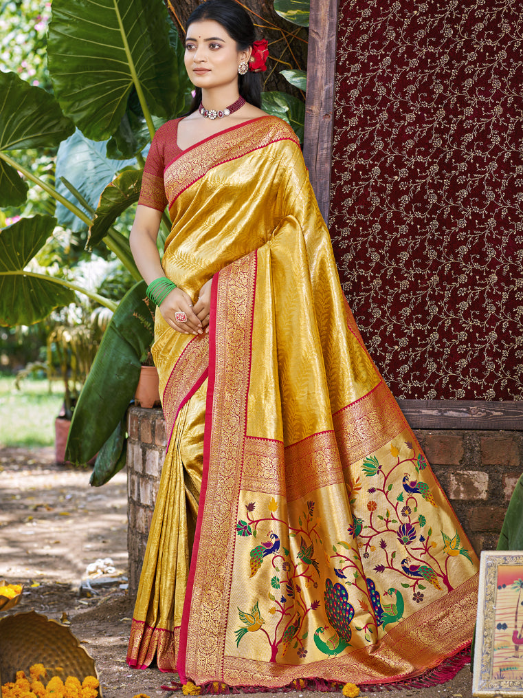 Sangam Prints Mustard Kanjivaram Silk Woven Work Traditional Saree