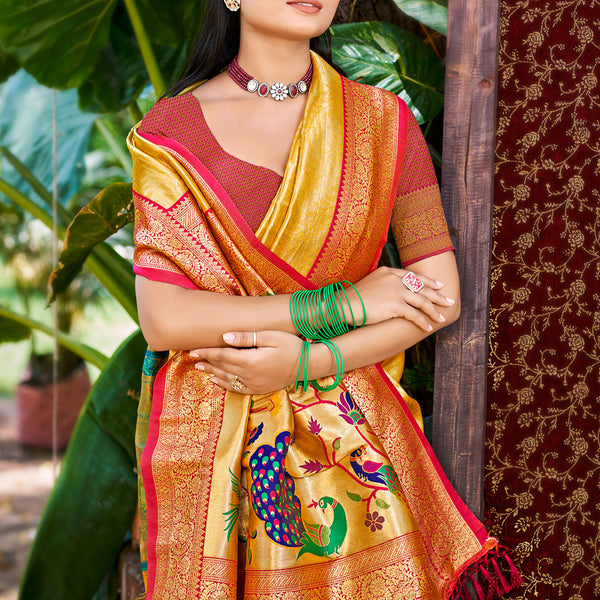 Sangam Prints Mustard Kanjivaram Silk Woven Work Traditional Saree