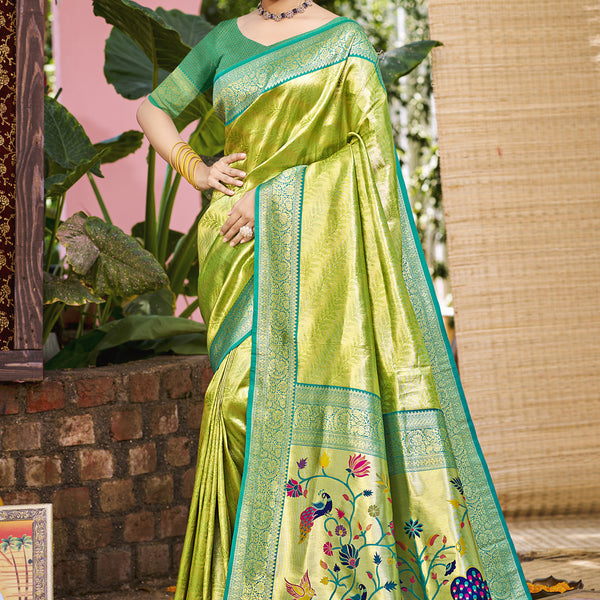 Sangam Prints Green Kanjivaram Silk Woven Work Traditional Saree - Distacart
