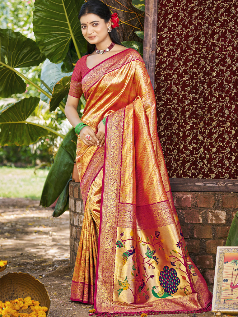 Sangam Prints Multi Color Kanjivaram Silk Woven Work Traditional Saree