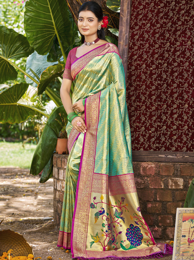 Sangam Prints Multi Color Kanjivaram Silk Woven Work Traditional Saree