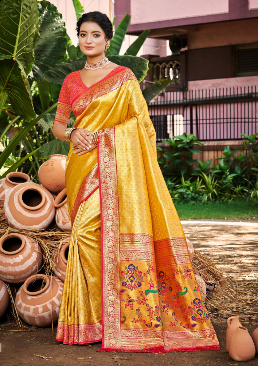 Sangam Prints Multi Color Kanjivaram Silk Woven Work Traditional Saree