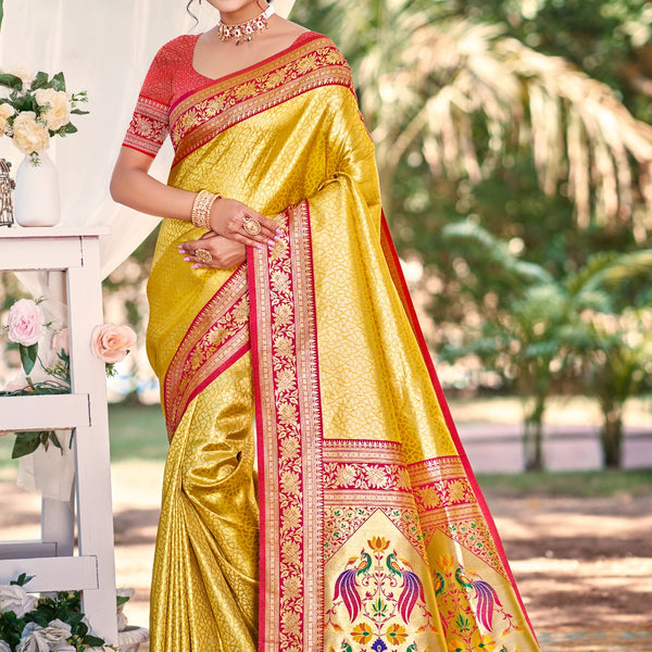 Prazu Fashion Yellow Kanjivaram Silk Weaving Wedding Wear Saree