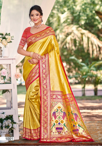 Prazu Fashion Yellow Kanjivaram Silk Weaving Wedding Wear Saree