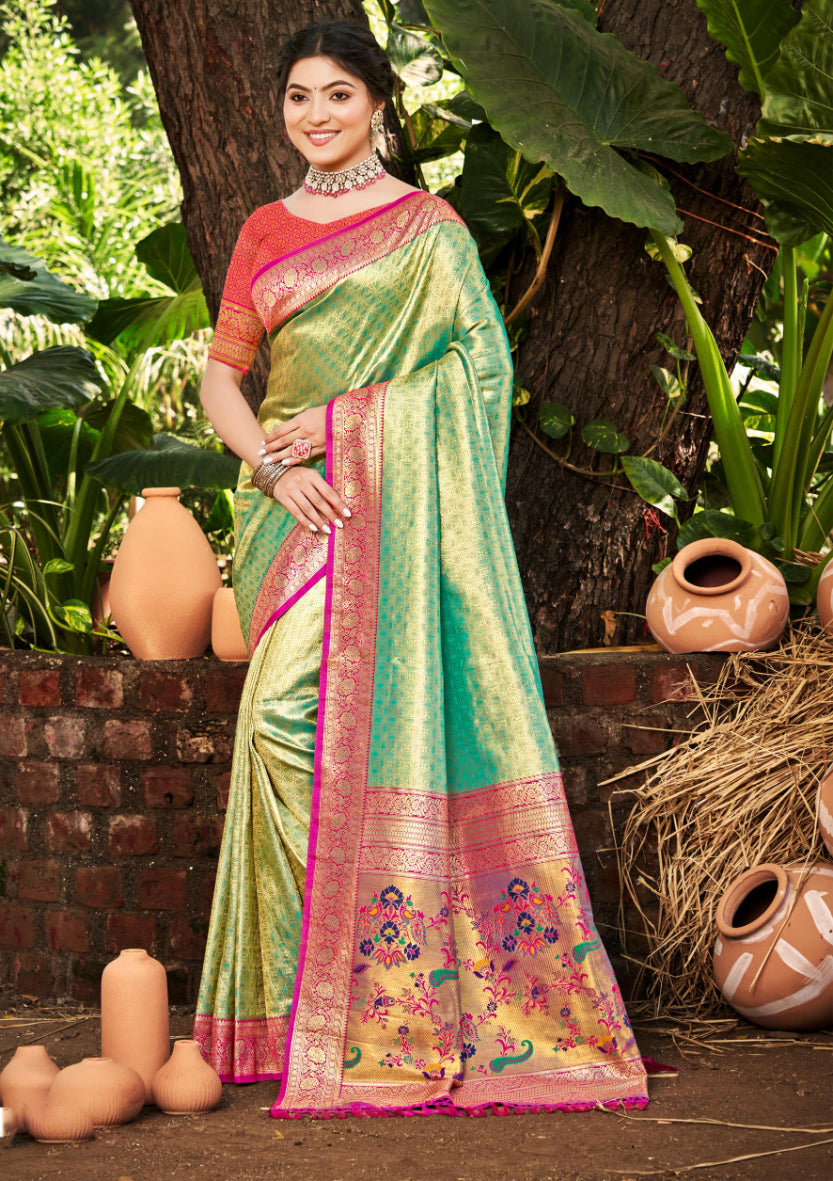 Sangam Prints Multi Color Kanjivaram Silk Woven Work Traditional Saree