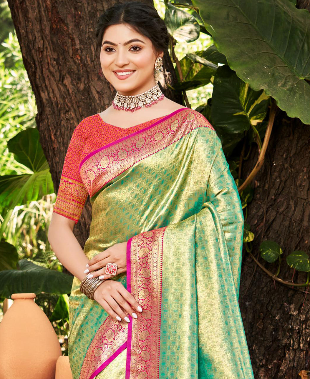 Sangam Prints Multi Color Kanjivaram Silk Woven Work Traditional Saree