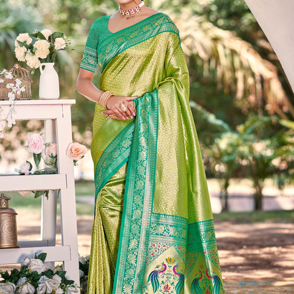 Prazu Fashion Light Green Kanjivaram Silk Weaving Wedding Wear Saree