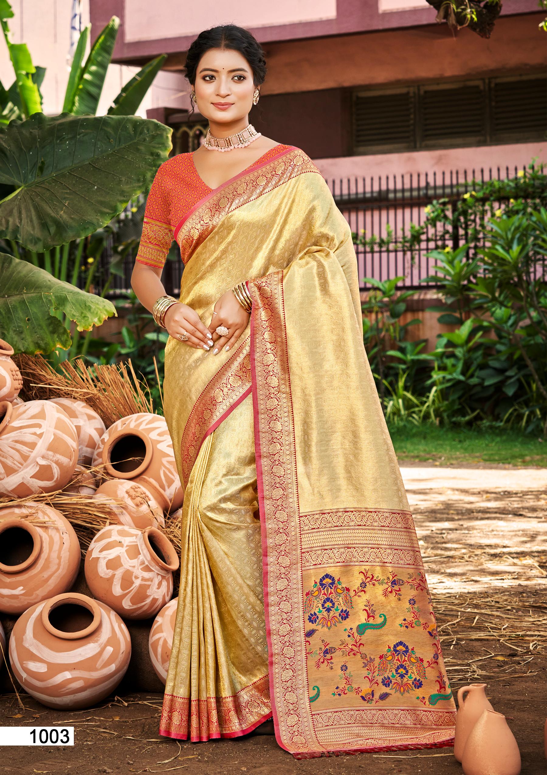 Sangam Prints Multi Color Kanjivaram Silk Woven Work Traditional Saree