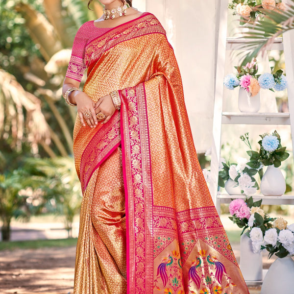 Prazu Fashion Pink And Orange Kanjivaram Silk Weaving Wedding Wear Saree