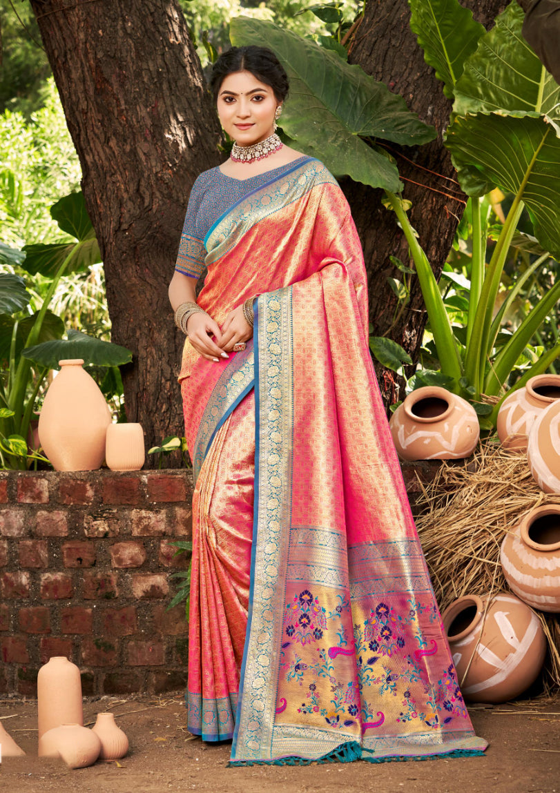 Sangam Prints Multi Color Kanjivaram Silk Woven Work Traditional Saree