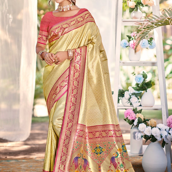 Prazu Fashion Cream Kanjivaram Silk Weaving Wedding Wear Saree