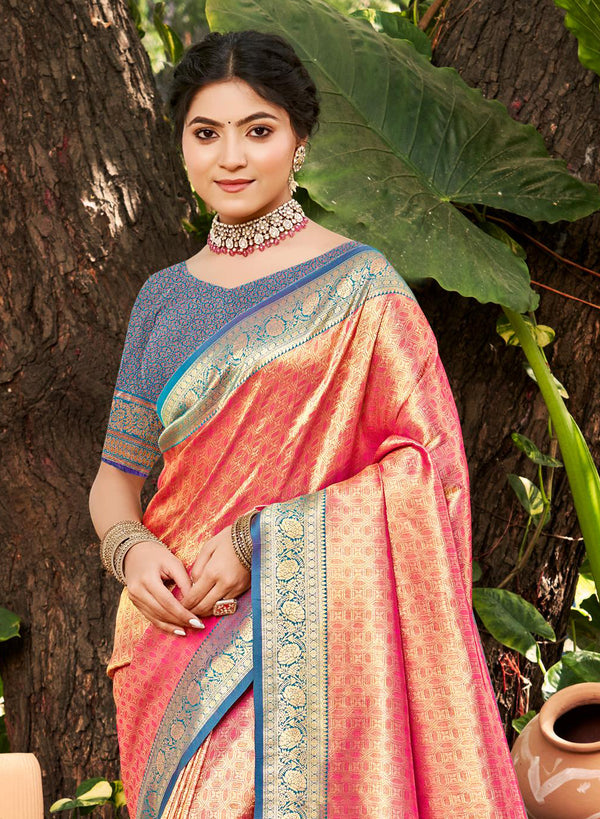 Sangam Prints Multi Color Kanjivaram Silk Woven Work Traditional Saree