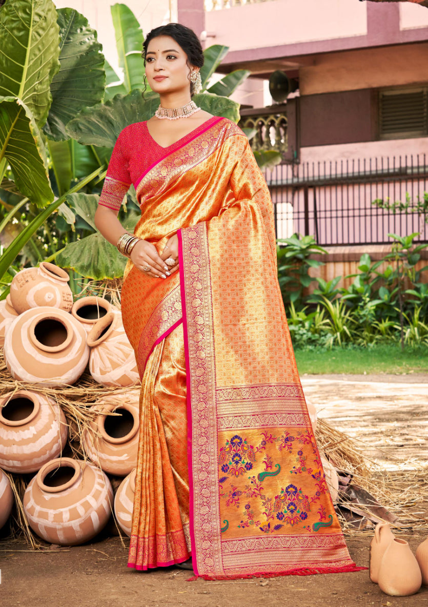 Sangam Prints Multi Color Kanjivaram Silk Woven Work Traditional Saree