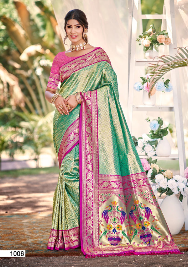 Prazu Fashion Pink And Light Green Kanjivaram Silk Weaving Wedding Wear Saree