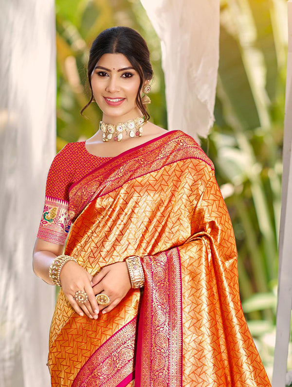 Sangam Prints Multi Color Kanjivaram Silk Woven Work Traditional Saree