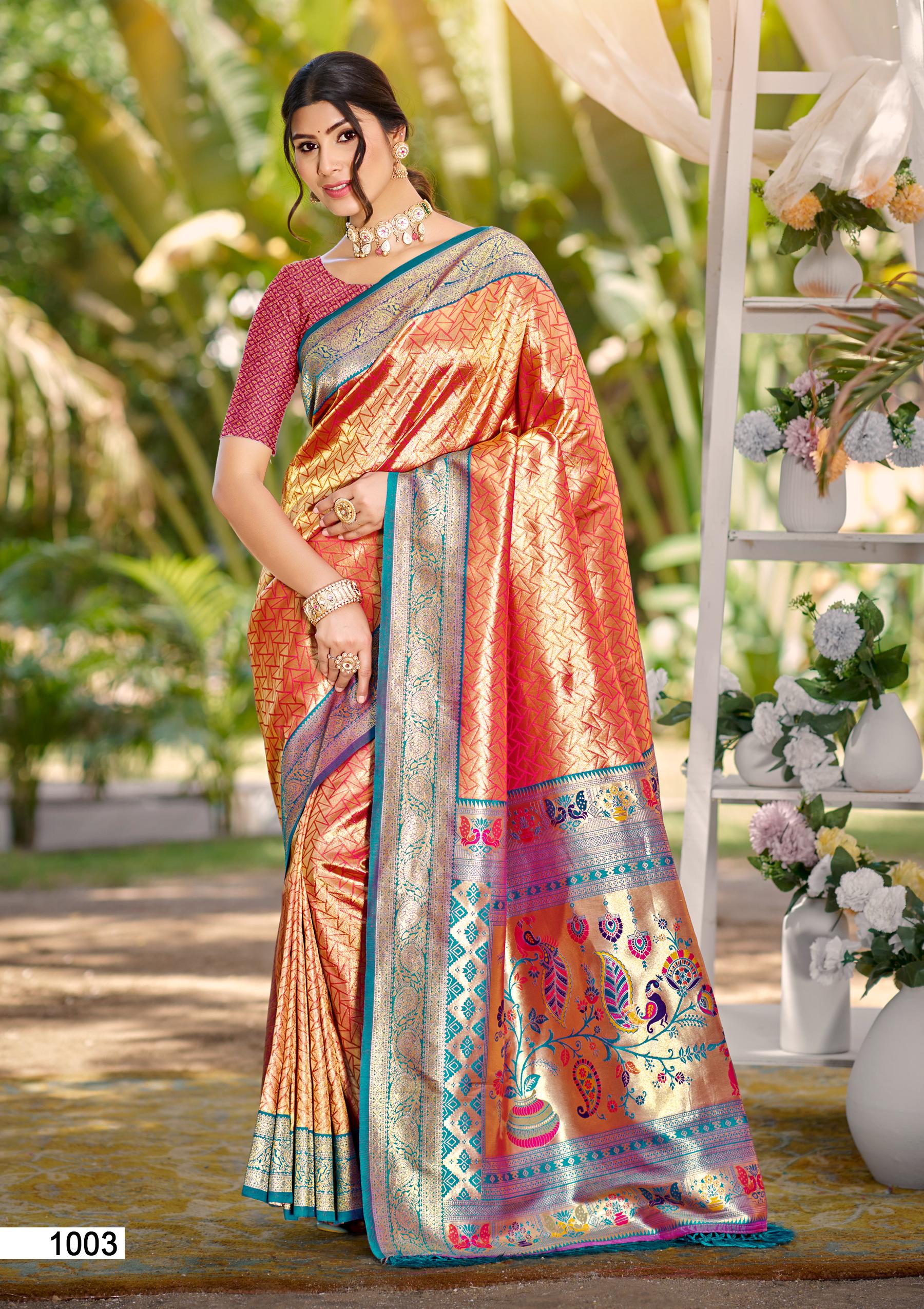 Sangam Prints Multi Color Kanjivaram Silk Woven Work Traditional Saree