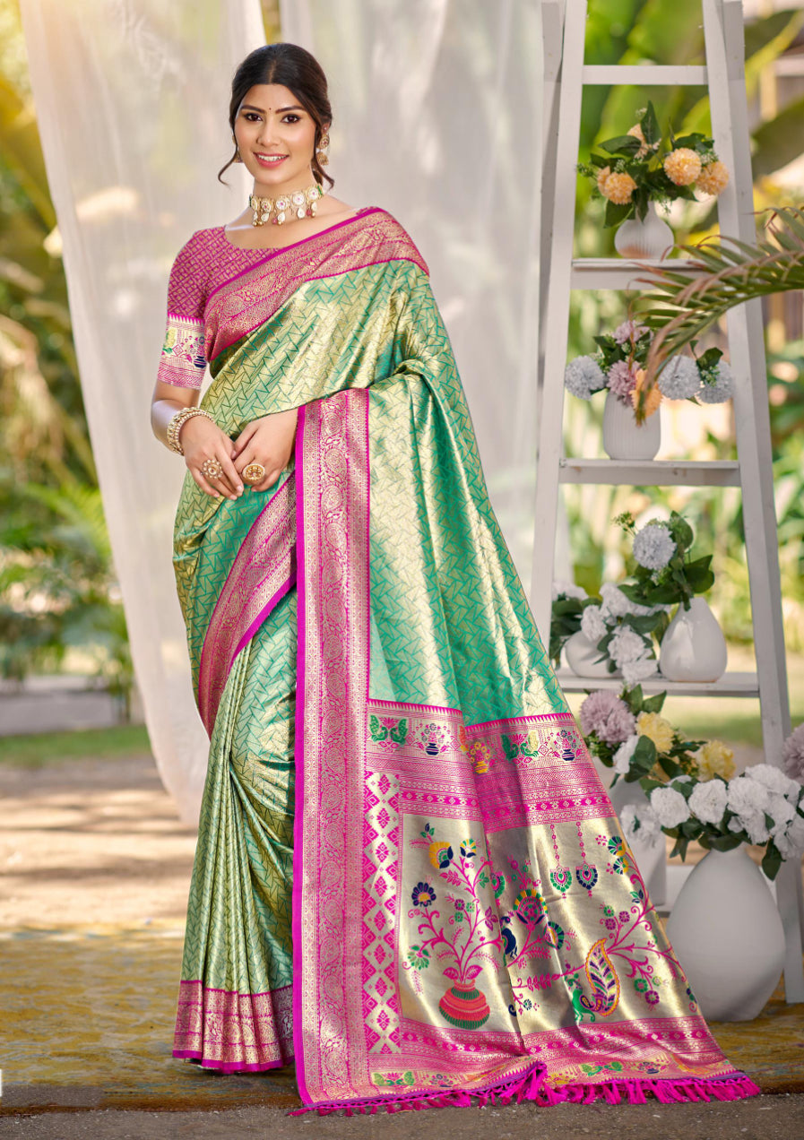 Sangam Prints Multi Color Kanjivaram Silk Woven Work Traditional Saree