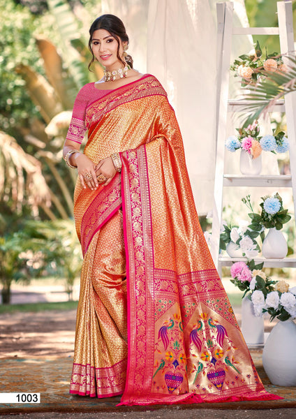 Sangam Prints Multi Color Kanjivaram Silk Woven Work Traditional Saree