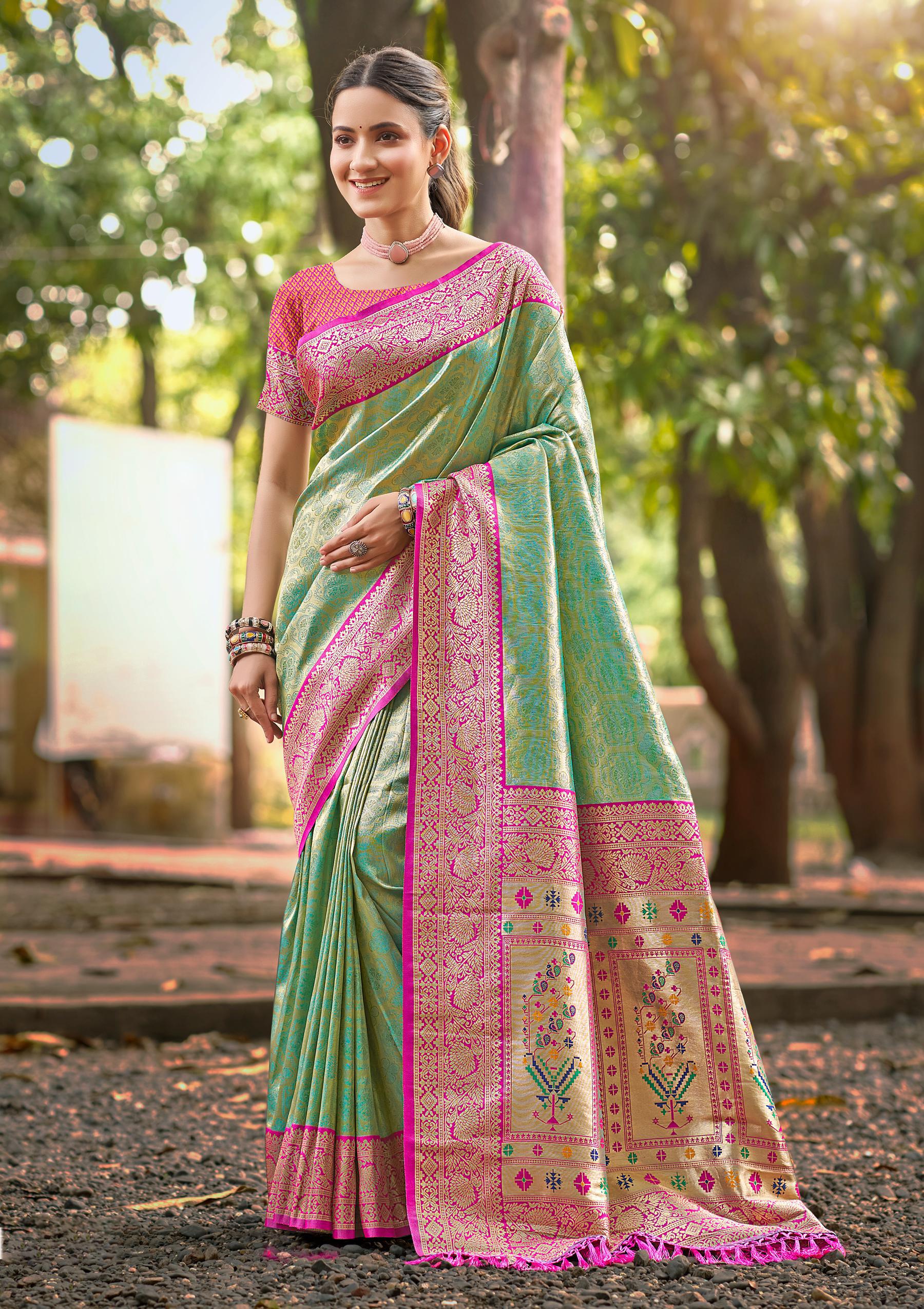 Sangam Prints Multi Color Kanjivaram Silk Woven Work Traditional Saree