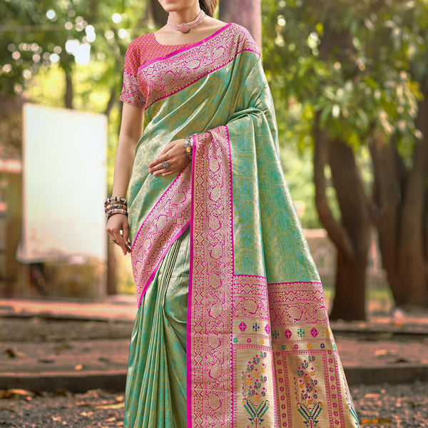 Sangam Prints Multi Color Kanjivaram Silk Woven Work Traditional Saree