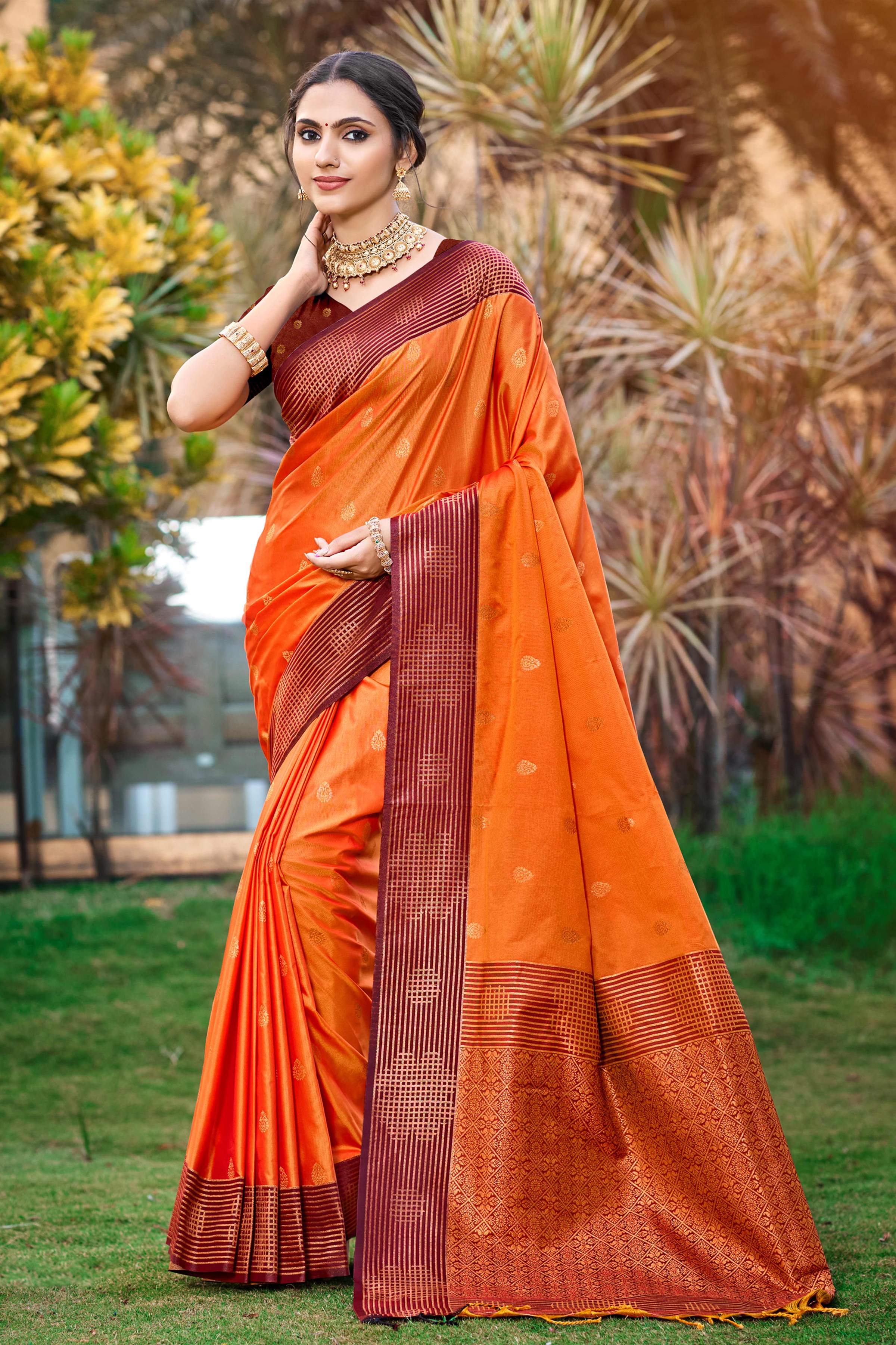 Sangam Prints Saffron Orange Soft Silk Woven Work Traditional Saree - Dista