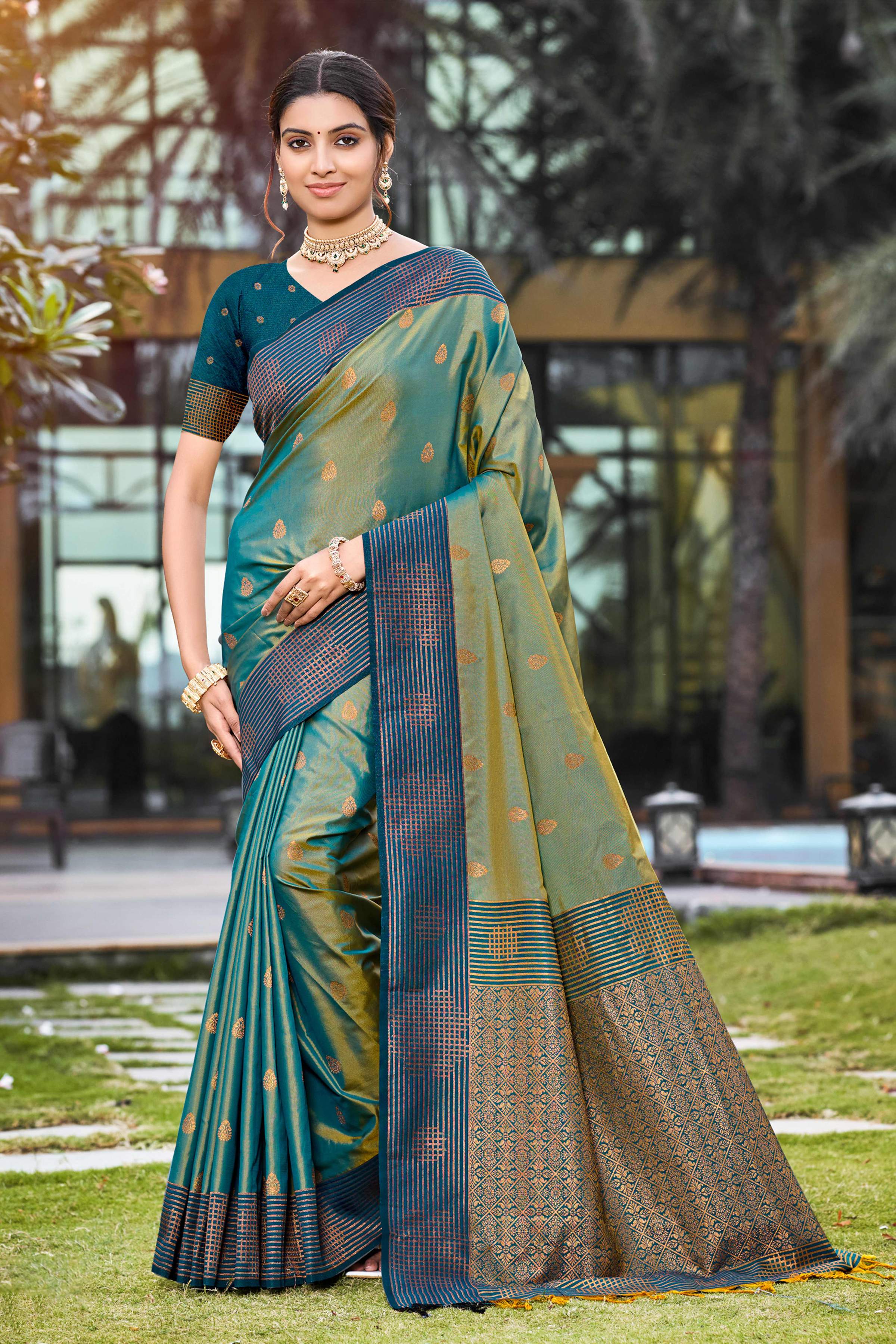 Sangam Prints Peacock Green Soft Silk Woven Work Traditional Saree - Dista