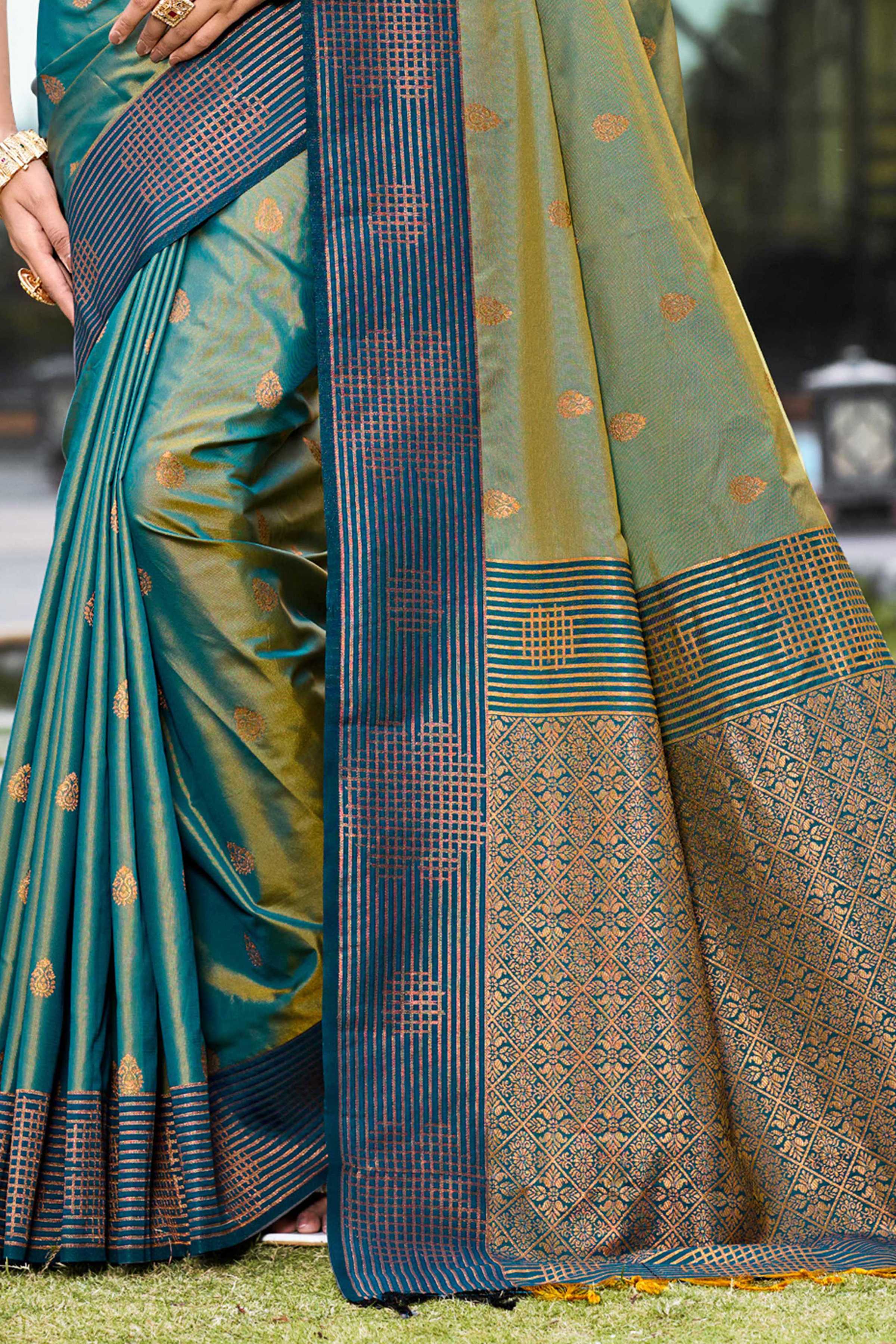 Sangam Prints Peacock Green Soft Silk Woven Work Traditional Saree - Dista