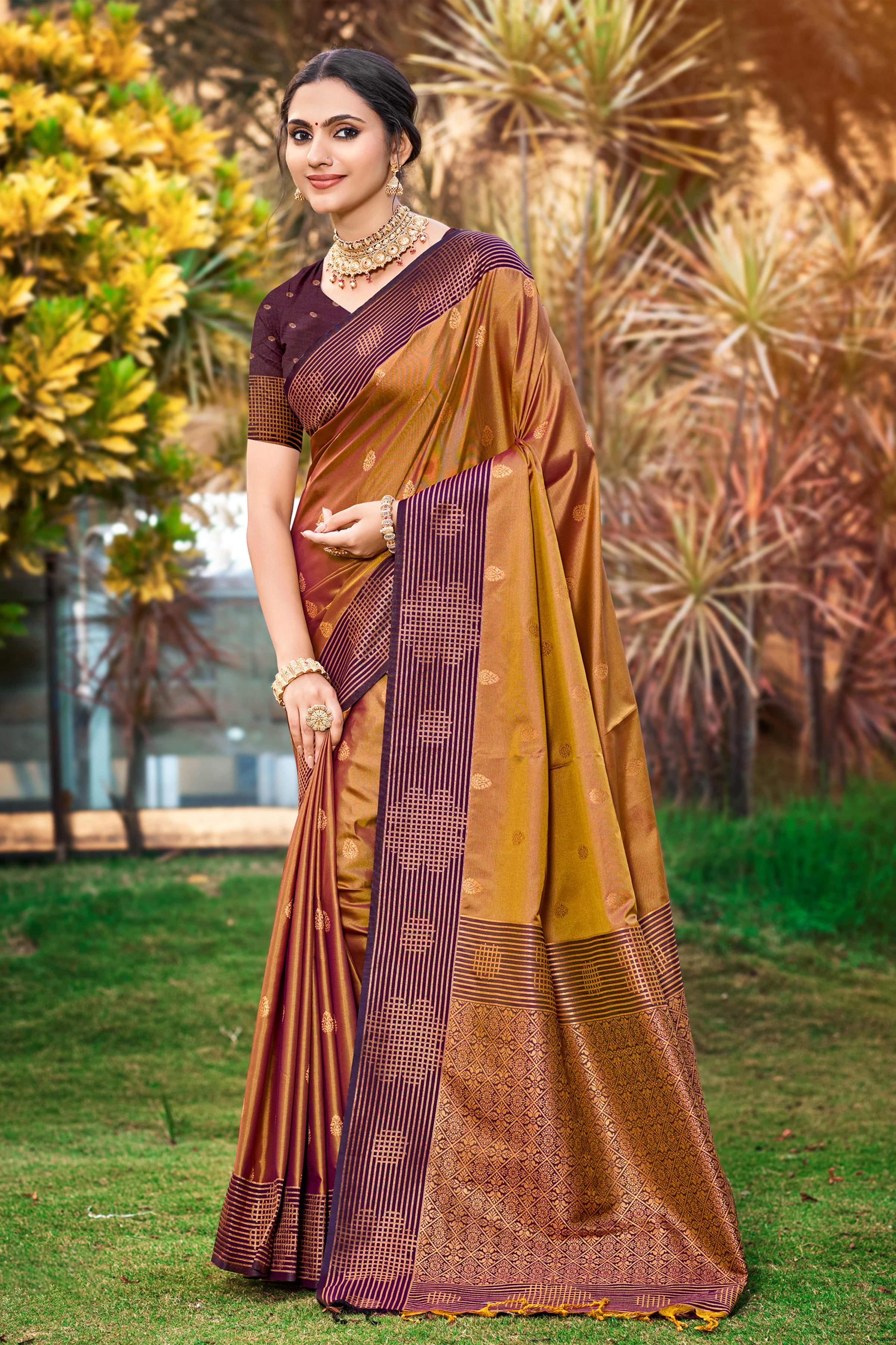 Sangam Prints Golden Brown Soft Silk Woven Work Traditional Saree - Dista