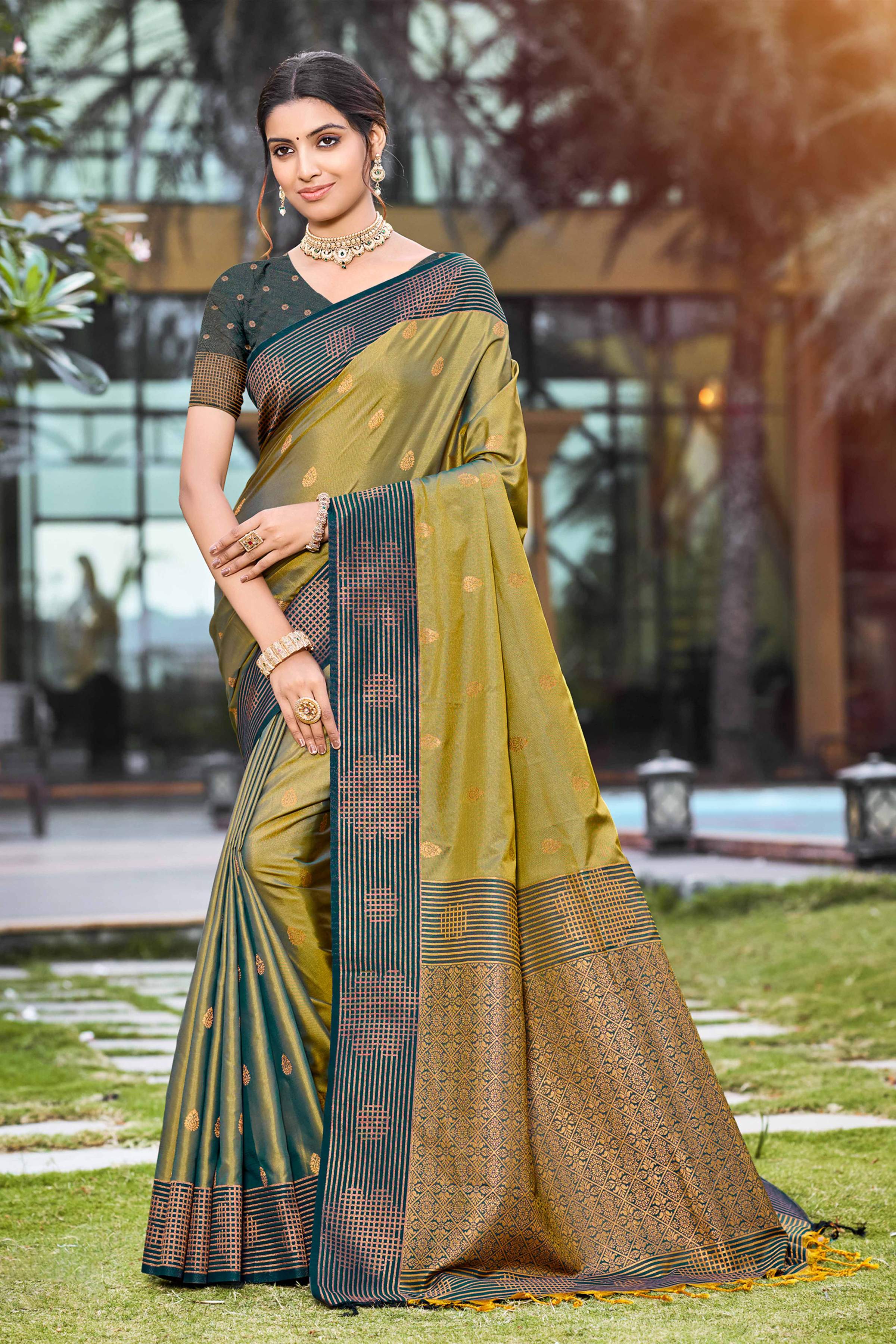 Sangam Prints Olive Green Soft Silk Woven Work Traditional Saree - Dista