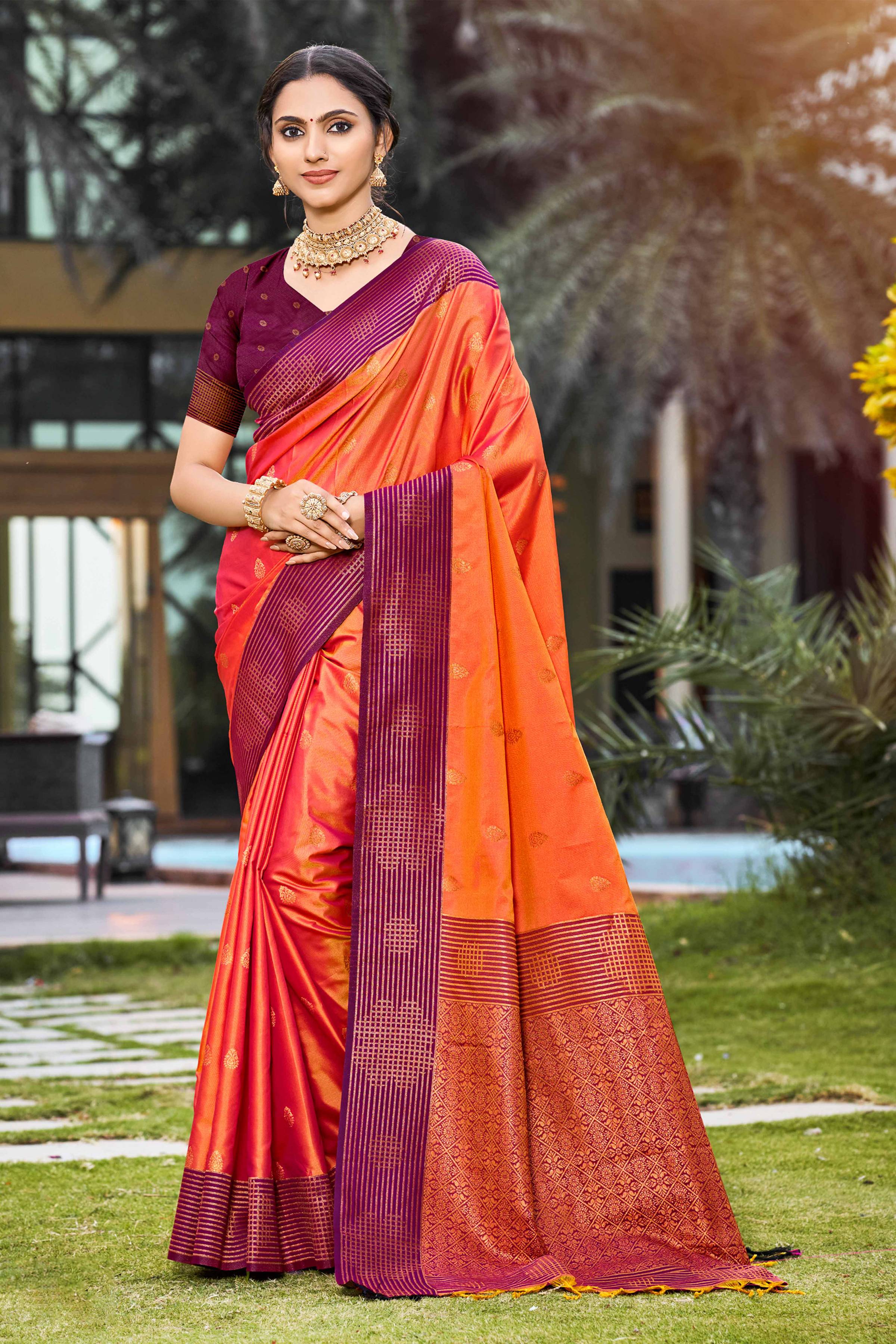 Sangam Prints Bright Orange Soft Silk Woven Work Traditional Saree - Dista