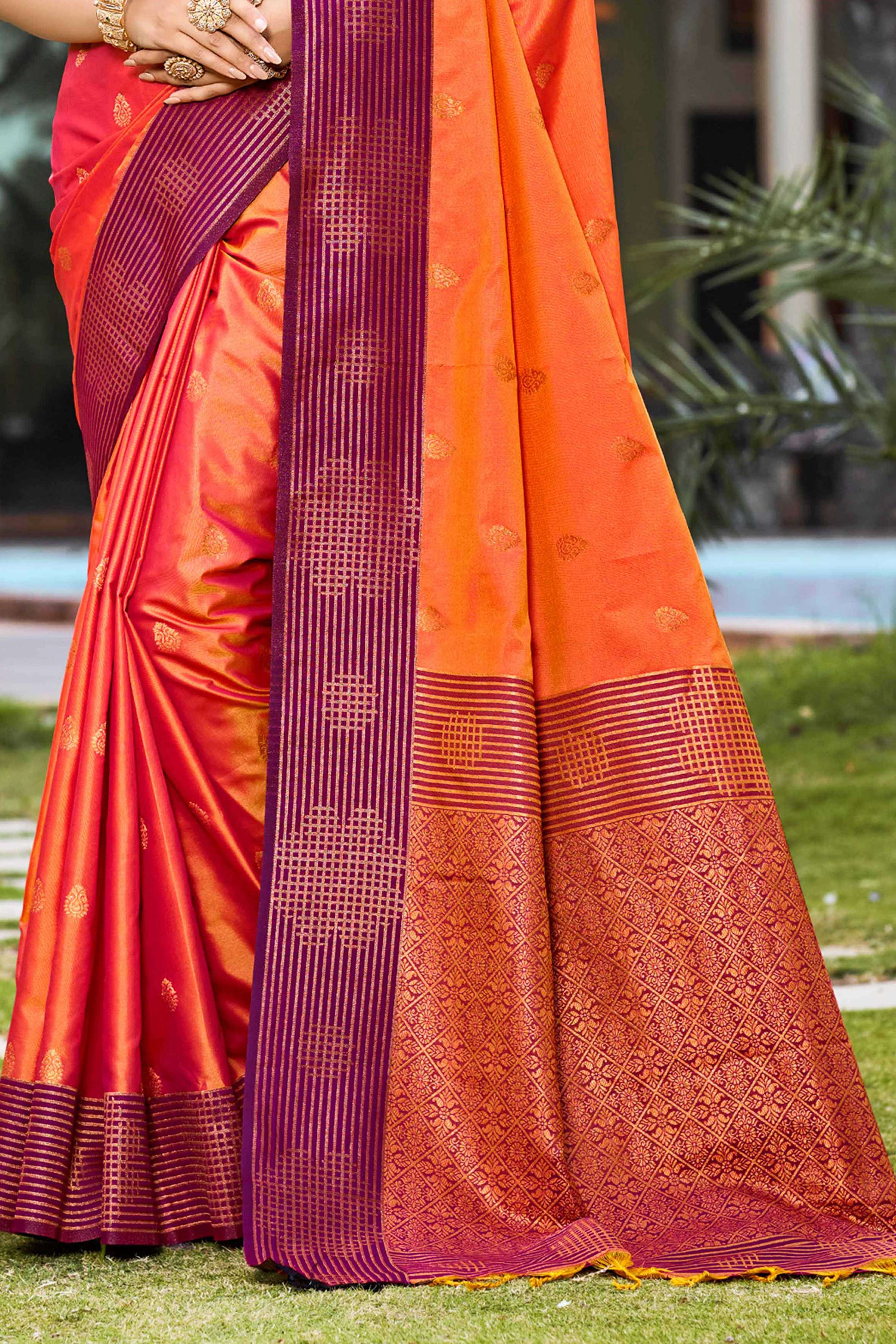 Sangam Prints Bright Orange Soft Silk Woven Work Traditional Saree - Dista