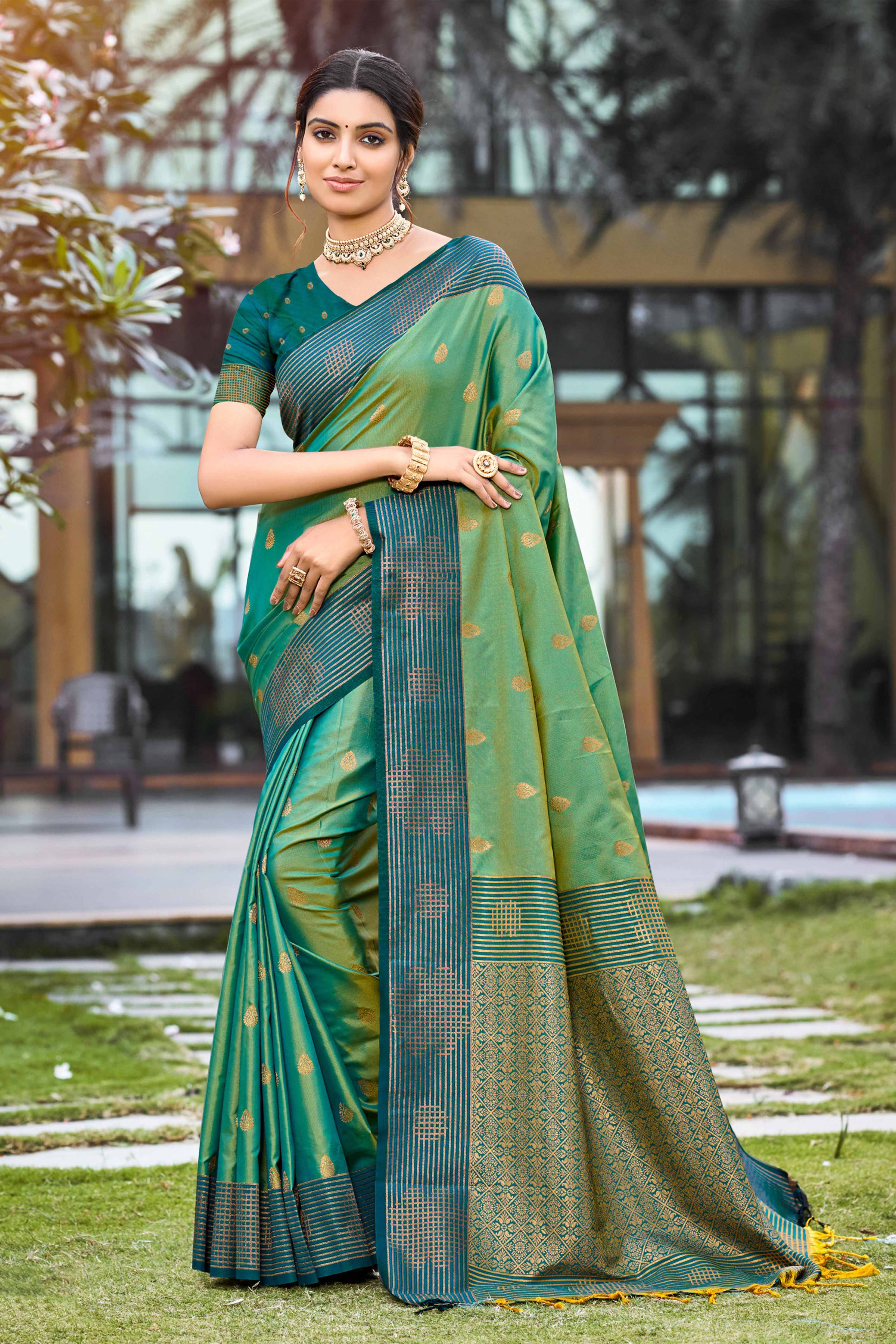 Sangam Prints Mehendi Green Soft Silk Woven Work Traditional Saree - Dista