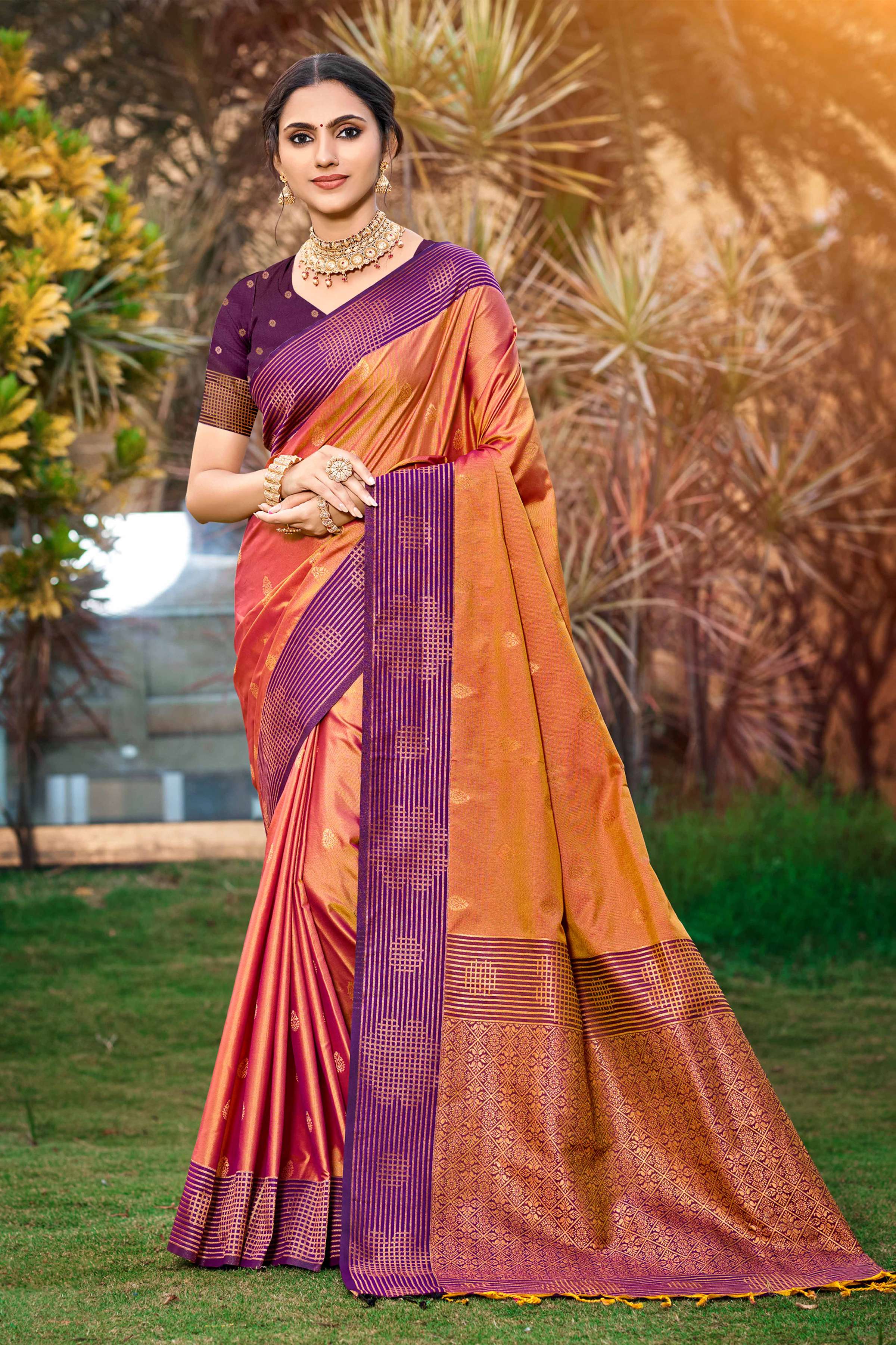 Sangam Prints Peach Orange Soft Silk Woven Work Traditional Saree - Dista