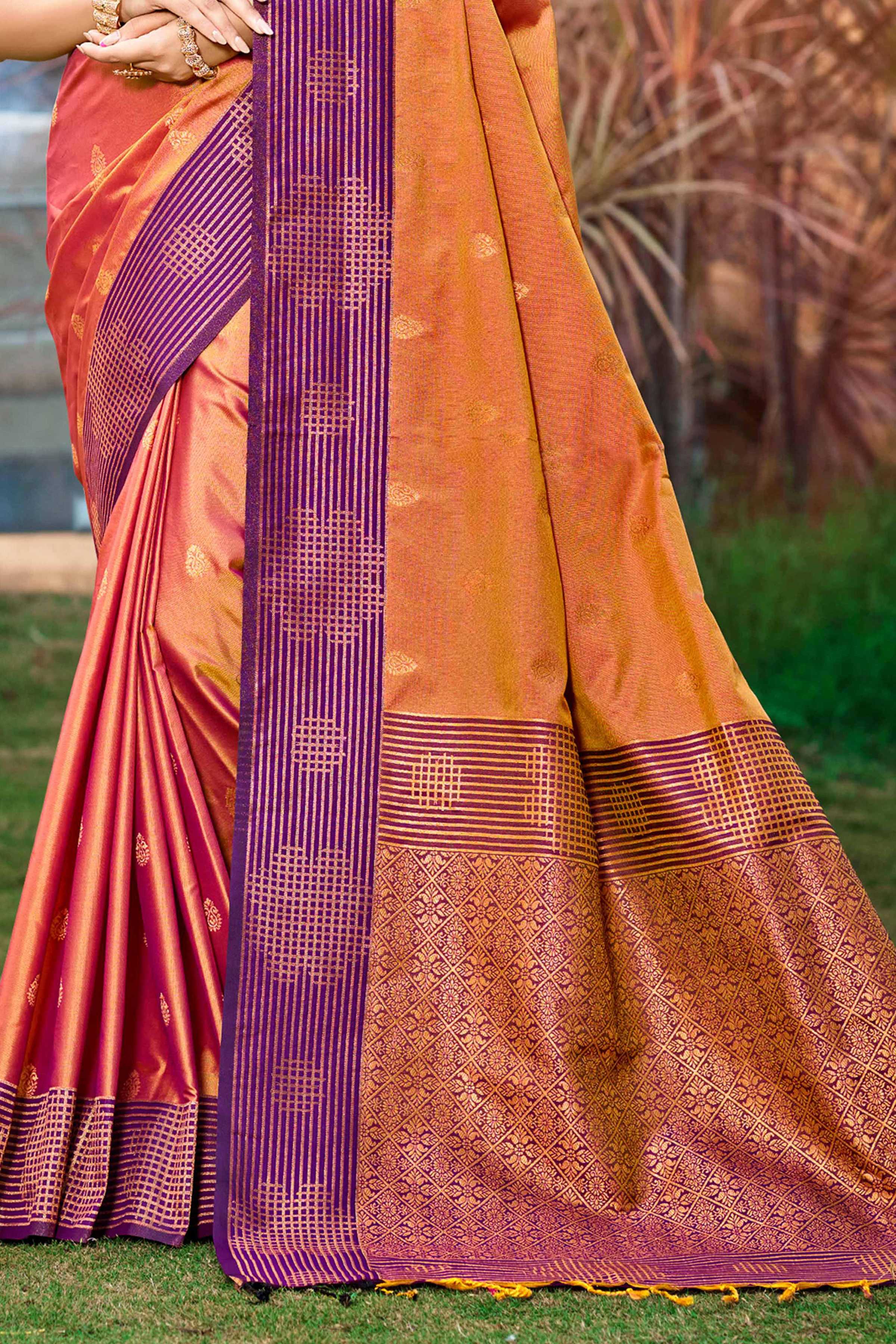 Sangam Prints Peach Orange Soft Silk Woven Work Traditional Saree - Dista