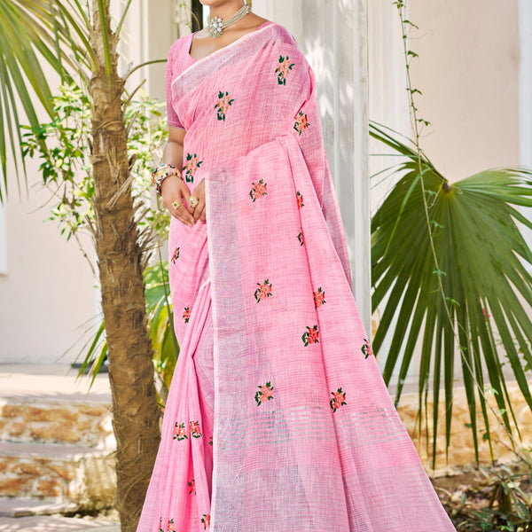 Sangam Prints Light Pink Linen Woven Work Traditional Saree - Distacart