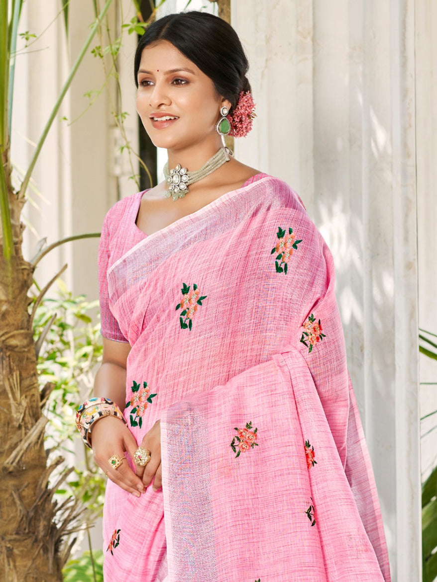 Sangam Prints Light Pink Linen Woven Work Traditional Saree