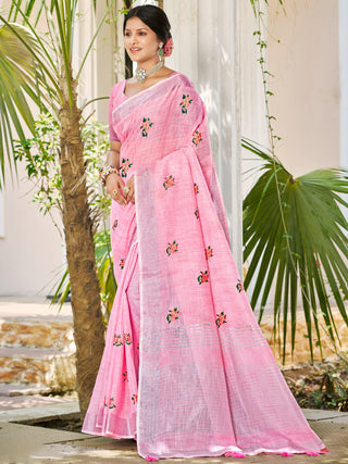 Sangam Prints Light Pink Linen Woven Work Traditional Saree