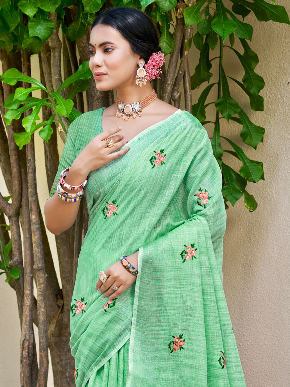 Sangam Prints Light Green Linen Woven Work Traditional Saree