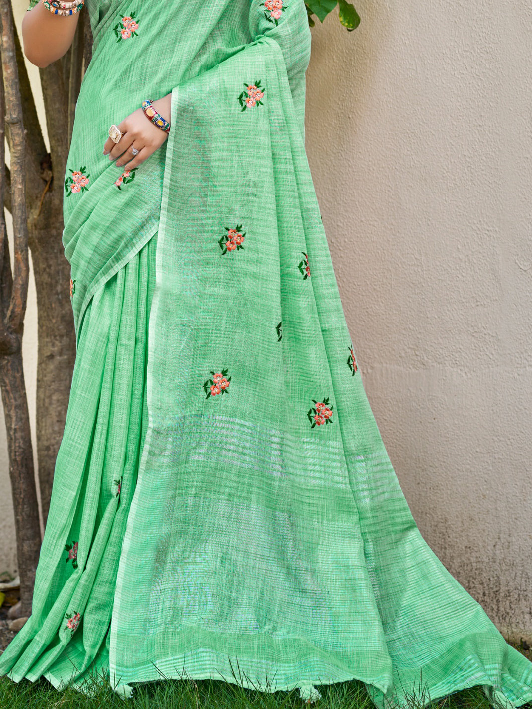 Sangam Prints Light Green Linen Woven Work Traditional Saree