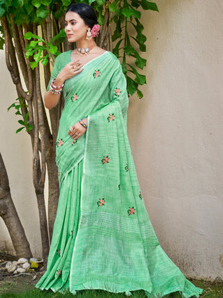 Sangam Prints Light Green Linen Woven Work Traditional Saree