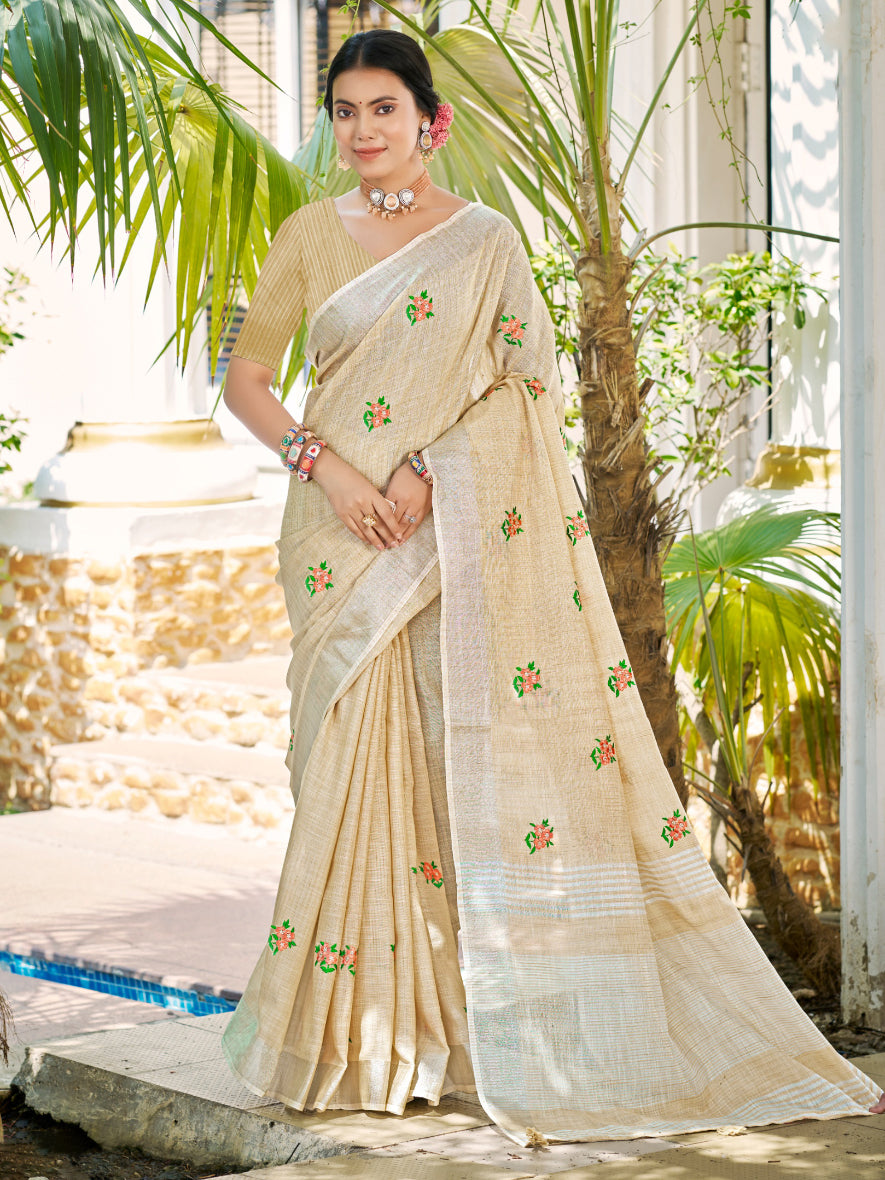 Sangam Prints Crem Linen Woven Work Traditional Saree