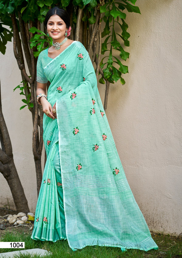 Sangam Prints Sea Green Linen Woven Work Traditional Saree