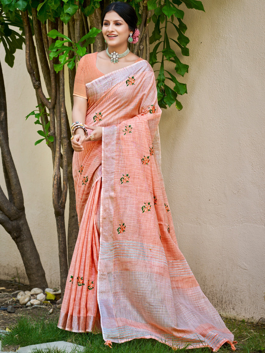 Sangam Prints Peach Linen Woven Work Traditional Saree
