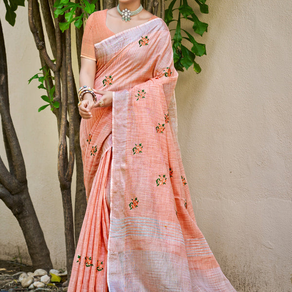 Sangam Prints Peach Linen Woven Work Traditional Saree - Distacart