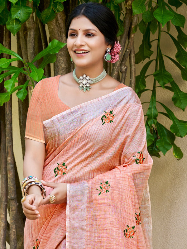 Sangam Prints Peach Linen Woven Work Traditional Saree