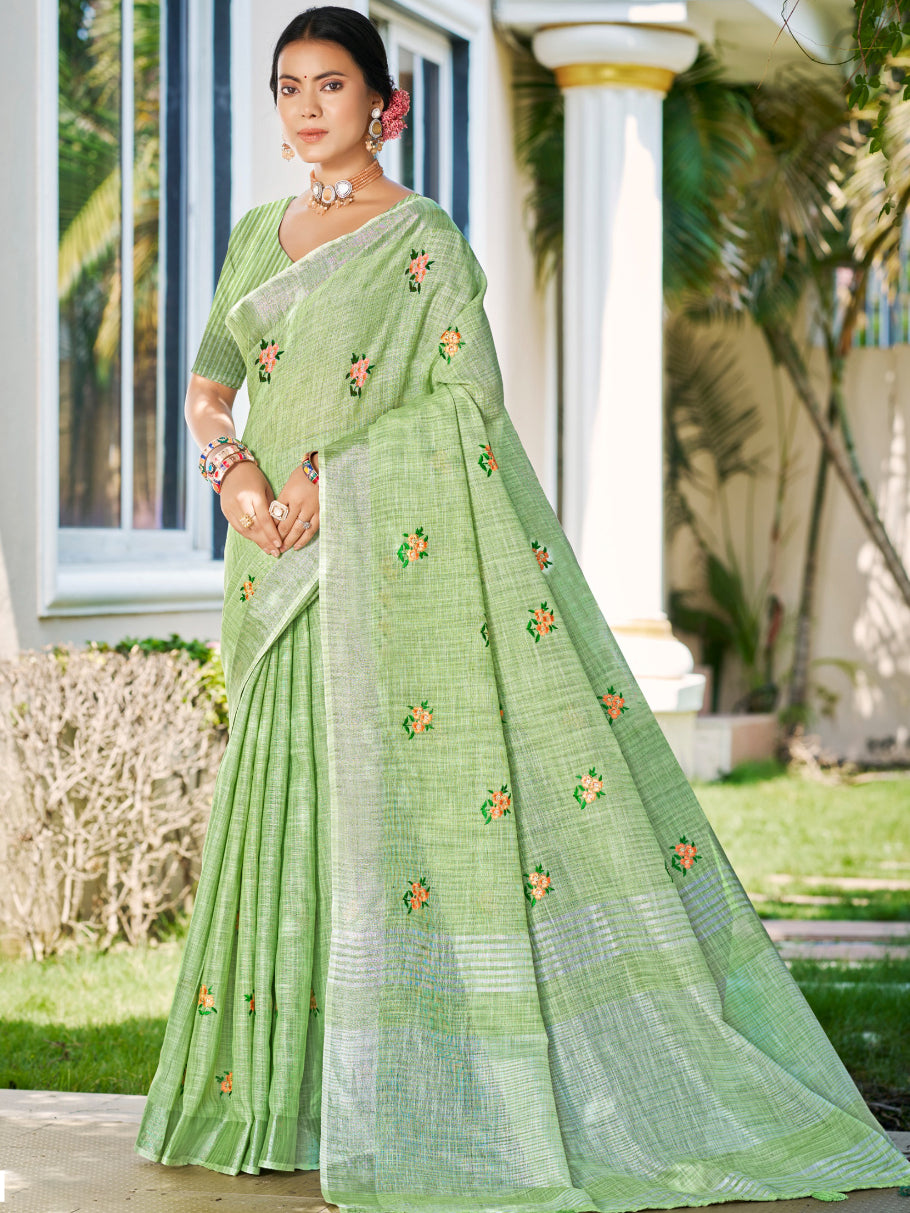 Sangam Prints Olive Green Linen Woven Work Traditional Saree