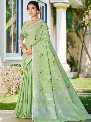Sangam Prints Olive Green Linen Woven Work Traditional Saree